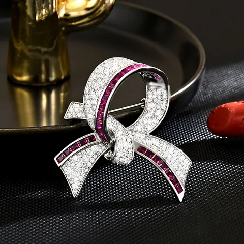 European Elegant Ribbon Brooch Copper Inlaid Zircon Rhinestone Pink Crystal Fashion Suit Coat Pin Women Jewelry Gift
