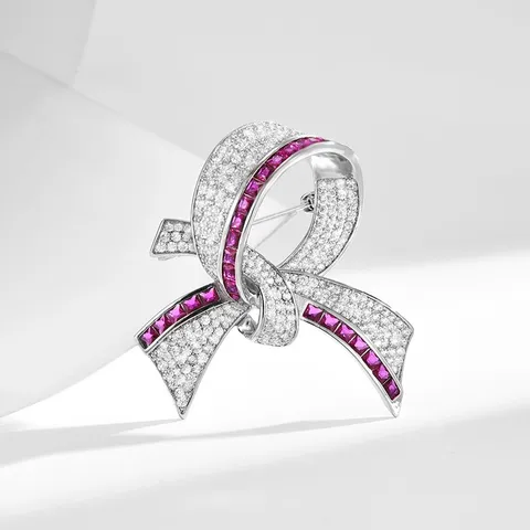 European Elegant Ribbon Brooch Copper Inlaid Zircon Rhinestone Pink Crystal Fashion Suit Coat Pin Women Jewelry Gift