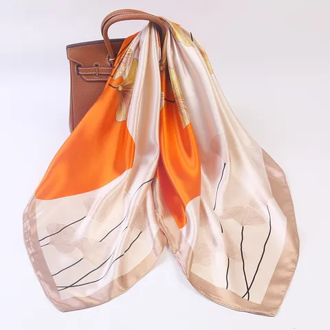 Women Fashion Satin Scarf Ginkgo Leaf Print Square Scarf Elegant Silk Feel Hair Cover Head Neck Scarf For Daily Wear