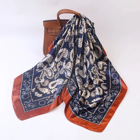 Women Fashion Satin Square Scarf Vintage Paisley Print Neckerchief Elegant Silk Feel Hair Scarf Shawl Wrap