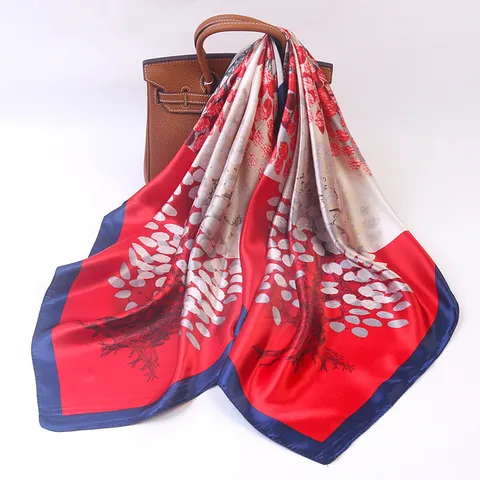 Women Fashion Satin Square Scarf Elegant Botanical Tree Leaves Printed Neck Scarf For Daily Travel Sun Protection
