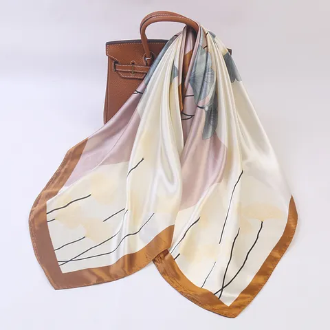 Women Fashion Satin Scarf Ginkgo Leaf Print Square Scarf Elegant Silk Feel Hair Cover Head Neck Scarf For Daily Wear