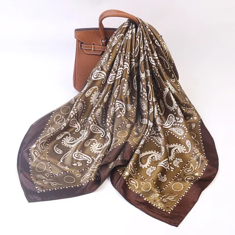 Women Fashion Satin Square Scarf Vintage Paisley Print Neckerchief Elegant Silk Feel Hair Scarf Shawl Wrap