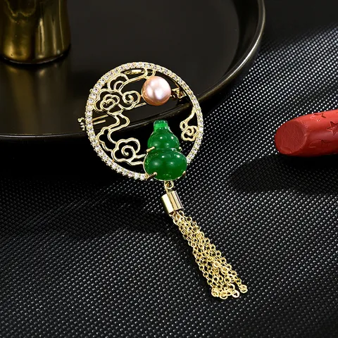 Spilla a Zucca Stile Cinese Lusso Lega Strass Perla Artificiale Verde Giada Look Abito Spilla Gioielli Regalo