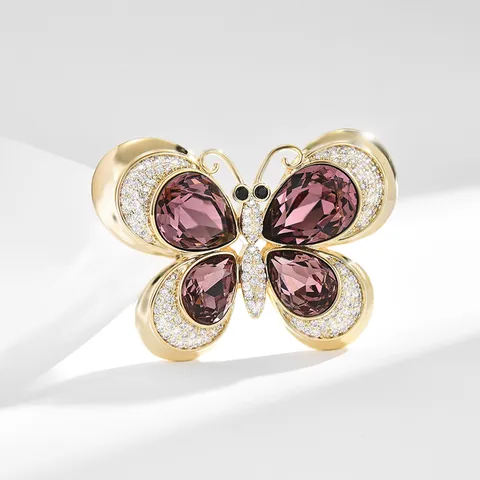 Broche Mariposa Cobre Euroamericano Lujo Alfiler Centelleante Morado Diamante Imitación Declaración Tridimensional Animal Broche Para Ropa Decoración Mujeres
