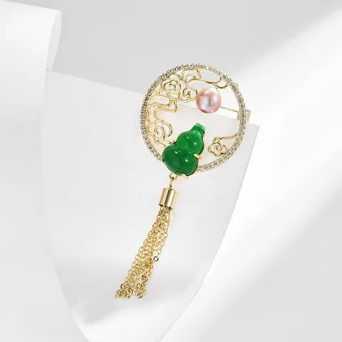 Spilla a Zucca Stile Cinese Lusso Lega Strass Perla Artificiale Verde Giada Look Abito Spilla Gioielli Regalo