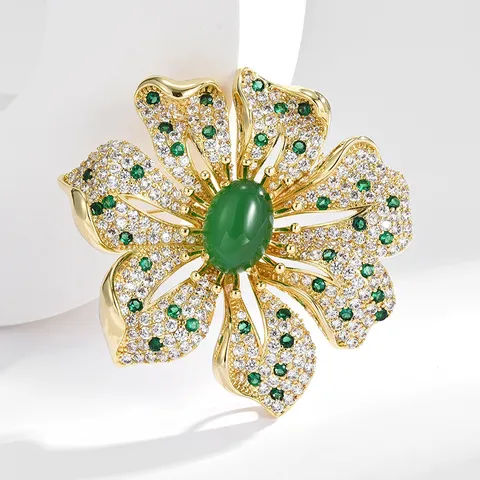 Broche de Flor de Ágata Verde de Diseño Europeo Elegante Broche de Cobre con Strass Pin Antirreflejos Accesorios de Abrigo Regalo de Joyería