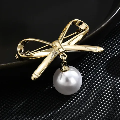 Broche de Lazo de Cobre Minimalista Con Perla Artificial Elegante Accesorios de Ropa para Mujeres Joyería de Moda