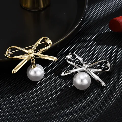 Broche de Lazo de Cobre Minimalista Con Perla Artificial Elegante Accesorios de Ropa para Mujeres Joyería de Moda