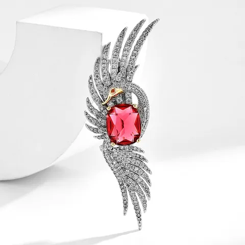 Luxe Feniks Vogel Broche Koper Zirkoon Rode Edelsteen Elegante Strass Broche Speld Mode Sieraden Accessoires Voor Vrouwen