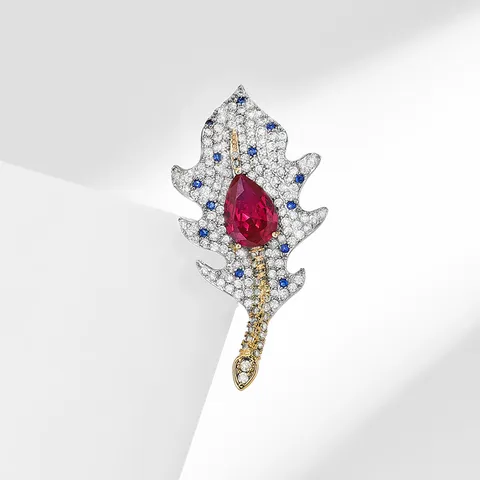 Vintage High End Ruby Crystal Feather Brooch Alloy Rhinestone Magnetic Buckle Women Clothing Accessories
