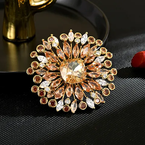 Luxus Vintage Feuerwerk Blumen Brosche Kupfer Kubik Zirkonia Strass Kleid Pin Modeschmuck Geschenk Für Damen