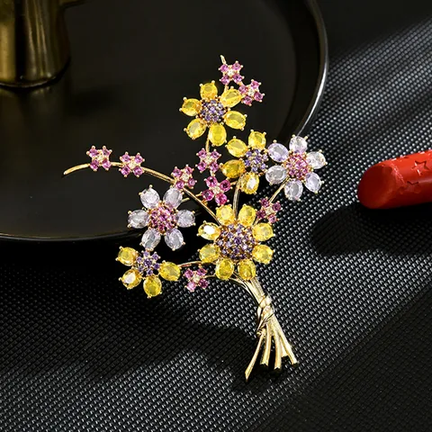 Sonnenblume Gänseblümchen Strauß Brosche Stift Kupfer Zirkonia Bunte Strass Modeschmuck Geschenk Für Damen