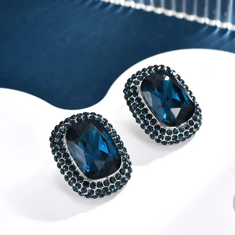 Pendientes de Botón Cuadrados Geométricos Vintage para Mujer Poste de Plata de Ley 925 Circonia Azul Strass Joyería de Banquete de Lujo