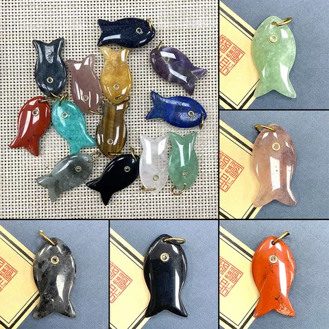 Colgante de Pez Pequeño de Piedra Natural Cristal Curativo Gema Abalorio de Pez con Ojo de Circón Accesorios de Fabricación de Joyas DIY