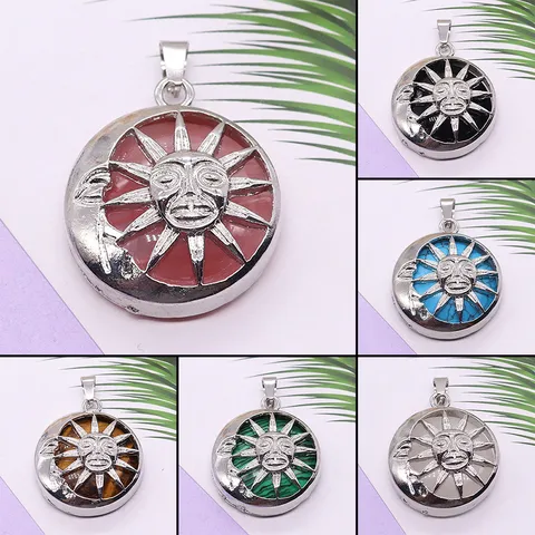 Natural Stone Alloy Ethnic Style Pendant Electroplated Sun And Moon Semi-Precious Stone Inlaid Pendant DIY Jewelry Accessories