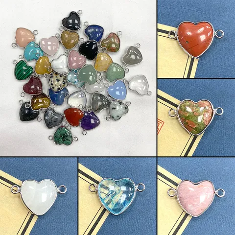Hartvorm Natuursteen Hanger Connector Verzilverd Koper Halfedelsteen Charms Voor DIY Armband Sieraden Maken Accessoire