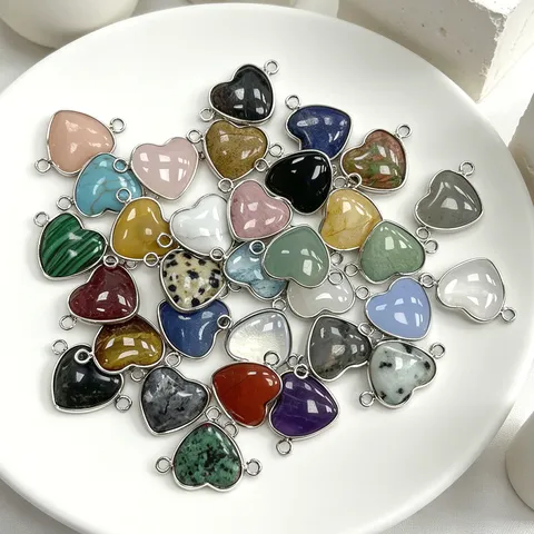 Hartvorm Natuursteen Hanger Connector Verzilverd Koper Halfedelsteen Charms Voor DIY Armband Sieraden Maken Accessoire