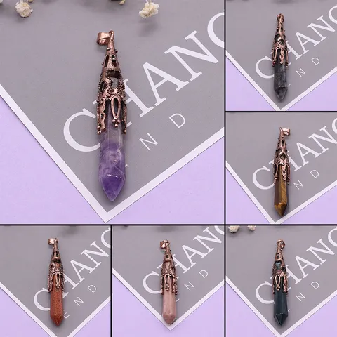 Europäischer Retro Naturstein Sechseckiger Anhänger Halskette Kristall Pendel Yoga Heilung Schmuck Zubehör