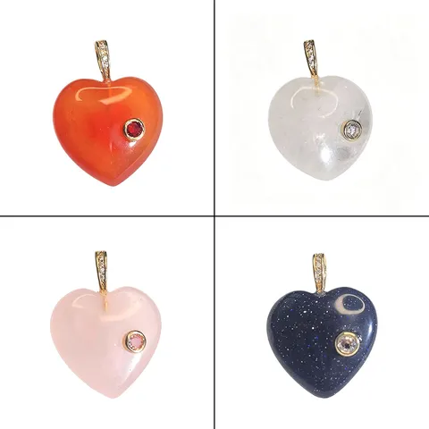 Natural Stone Heart Pendant With Zirconia Inlaid Red Agate Blue Sandstone DIY Fashion Necklace Jewelry