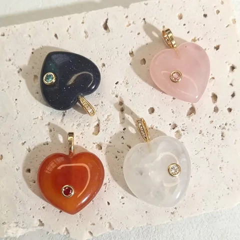 Natural Stone Heart Pendant With Zirconia Inlaid Red Agate Blue Sandstone DIY Fashion Necklace Jewelry
