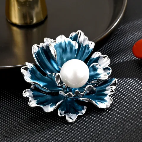 Broche de Flor de Peonía Vintage Esmalte Degradado Elegante Perla Broche Mujeres Moda Cobre Planta Broche Pin Joyería Regalo