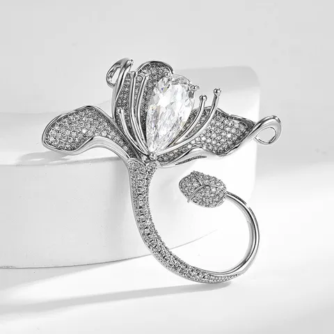 Designer Copper Full Zircon Lily Brooch High-End Women Corsage Crystal Pin Elegant Fashion Jewelry Gift