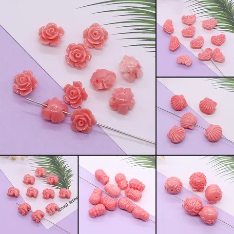 Roze Geciseleerd Hars Losse Kralen Synthetische Koraal Roos Bloem Olifant Vormen Recht Gat Tussenkralen Voor Knutselen DIY Sieraden Maken Accessoires