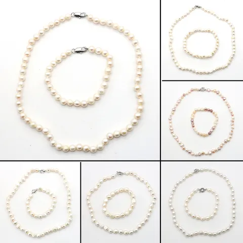 Conjunto de Collar y Pulsera de Perlas de Agua Dulce Naturales Cadena de Clavícula de Perla de Arroz Barroco Joyería de Moda Regalo para Mujeres