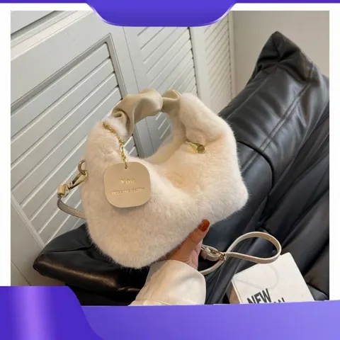 Fashion Faux Fur Plush Handbag For Women Stylish Pleated Handle Chain Crossbody Bag Warm Winter Shoulder Bag Minimalist Satchel