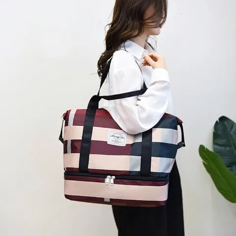 Sac De Voyage Grande Capacité Tissu Oxford Imprimé Écossais Fitness Gym Avec Compartiment À Chaussures Indépendant