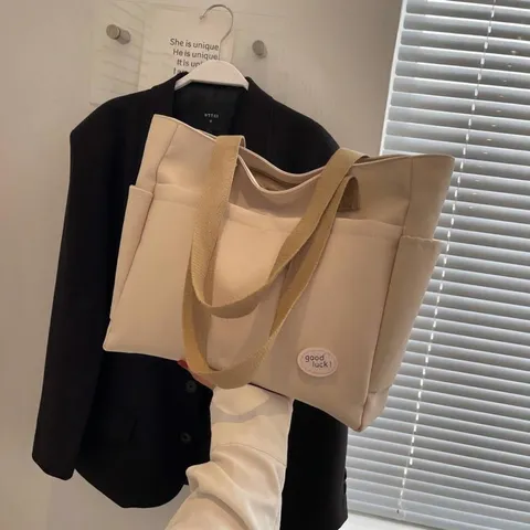 Bolso Tote de Lona de Gran Capacidad para Mujer Con Multibolsillos Casual Color Sólido Bolso de Hombro Asa en Contraste