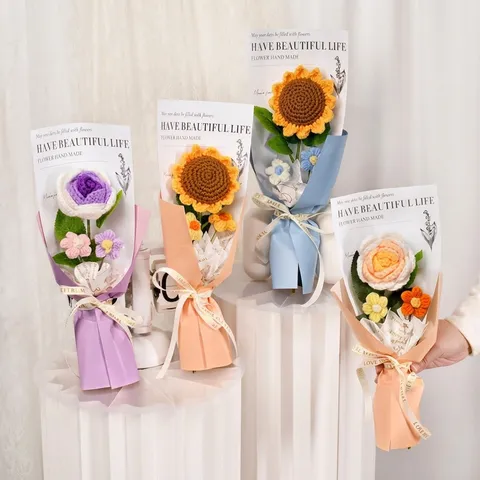 Handmade Crochet Flower Bouquet Knitted Yarn Rose Sunflower In Gift Box Bag Eternal Artificial Floral Gift Home Decor