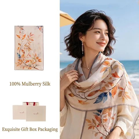 Damen Luxus 100% Maulbeerseide Schal Eleganter Langer Schal Botanisch Bedruckter Schal Mit Premium Geschenkbox Set Für Lehrer Muttertag Geschenk