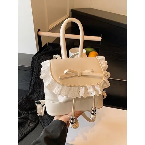 Damen Sweet Lolita Mini PU Leder Rucksack Mit Spitzenkante Schleife Kordelzug Mode Kleine Schulter Umhängetasche