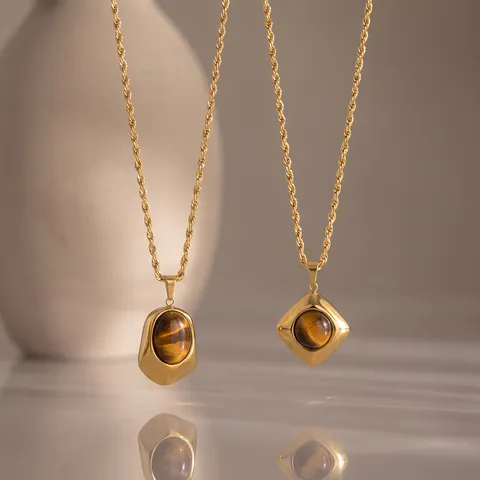 Edelstahl Geometrische Natürliche Tigerauge Stein Anhänger Halskette Vergoldet Schicker Halsschmuck Geschenk Für Damen