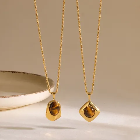 Edelstahl Geometrische Natürliche Tigerauge Stein Anhänger Halskette Vergoldet Schicker Halsschmuck Geschenk Für Damen
