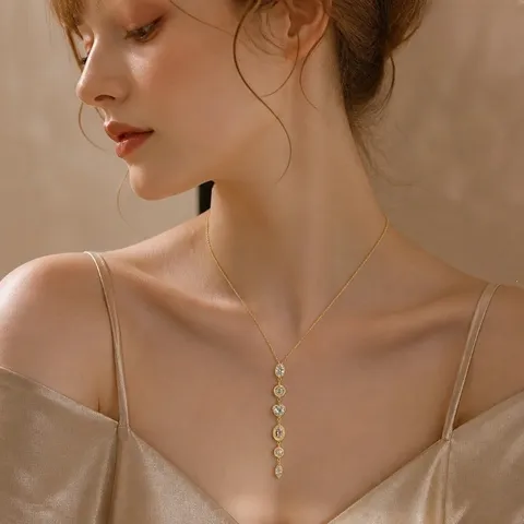Minimalist Stainless Steel Tassel Rhinestone Y Necklace Gold Plated Heart Teardrop Pendant Chain Jewelry Gift