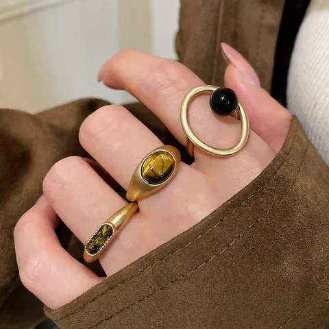 Anello Aperto Retro in Pietra Occhio di Tigre per Donna Minimalista Placcato Oro Geometrico Gioiello da Dito Regalo
