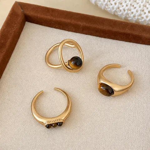 Anello Aperto Retro in Pietra Occhio di Tigre per Donna Minimalista Placcato Oro Geometrico Gioiello da Dito Regalo