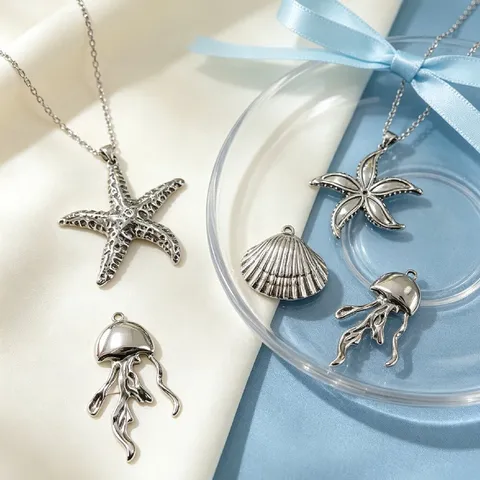 Edelstahl Ozean Serie Charms Seestern Qualle Muschel Anhänger Für DIY Schmuckherstellung Halskette Armband Damen Zubehör Silber Charms