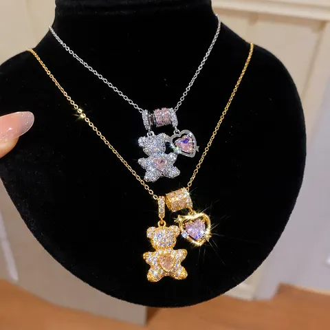 Collana Con Pendente Orsetto in Zirconia Placcata Oro 14K Dolce Carina Girocollo Cuore Rosa Gioielli Per Donna
