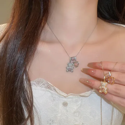 Collana Con Pendente Orsetto in Zirconia Placcata Oro 14K Dolce Carina Girocollo Cuore Rosa Gioielli Per Donna