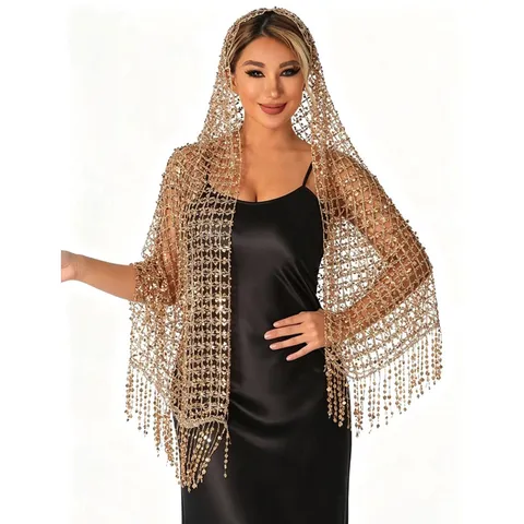 Women Sequin Embroidered Shawl Elegant Tassel Wrap For Evening Party Wedding Banquet Stage Performance Sequin Scarf Shawl