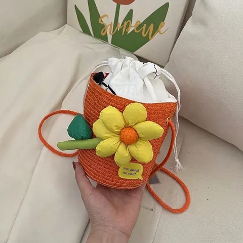 Women Mini Woven Bucket Bag With 3D Flower Decor Handmade Straw Crossbody Bag For Beach Vacation Summer Casual Shoulder Bag