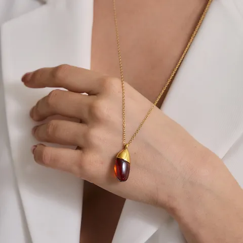 Vintage Edelstahl Anhänger Halskette Für Damen Bernstein Harz Wassertropfen Zirkonia Gliederkette Pullover Kette Luxus Schmuck