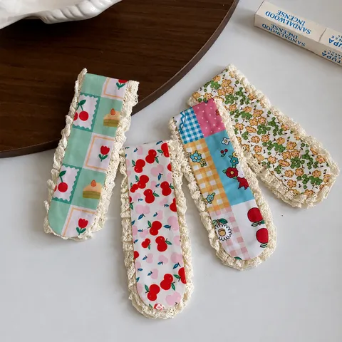 Sweet Floral Knitted Fringe Patch Headband Forest Style Magic Tape Hair Accessory Lace Trim Cherry Plaid Hair Band Women