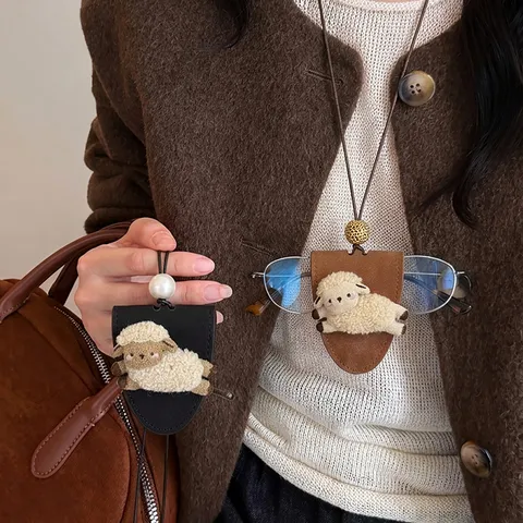 Cartoon Plush Sheep Eyeglass Holder Necklace For Women Cute Leather Animal Pendant Portable Anti-lost Sweater Chain Artificial Pearl Jewelry