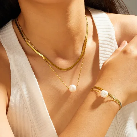 Stainless Steel Freshwater Pearl Jewelry Set For Women PVD Gold Plated Double Layer Necklace Bracelet Set Earrings Fashion Jewelry Gift