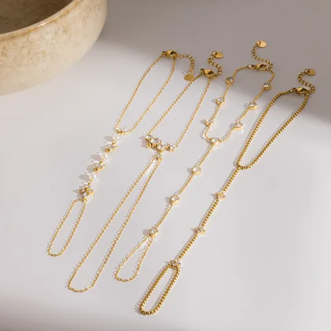 Fashion Stainless Steel Rhinestone Artificial Pearl Hand Chain Finger Link Bracelet Gold Plated Layered Jewelry For Women